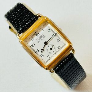 Vintage Fossil 26mm SMALL Men's or Midsize Women's Tank Watch Gold Black Leather